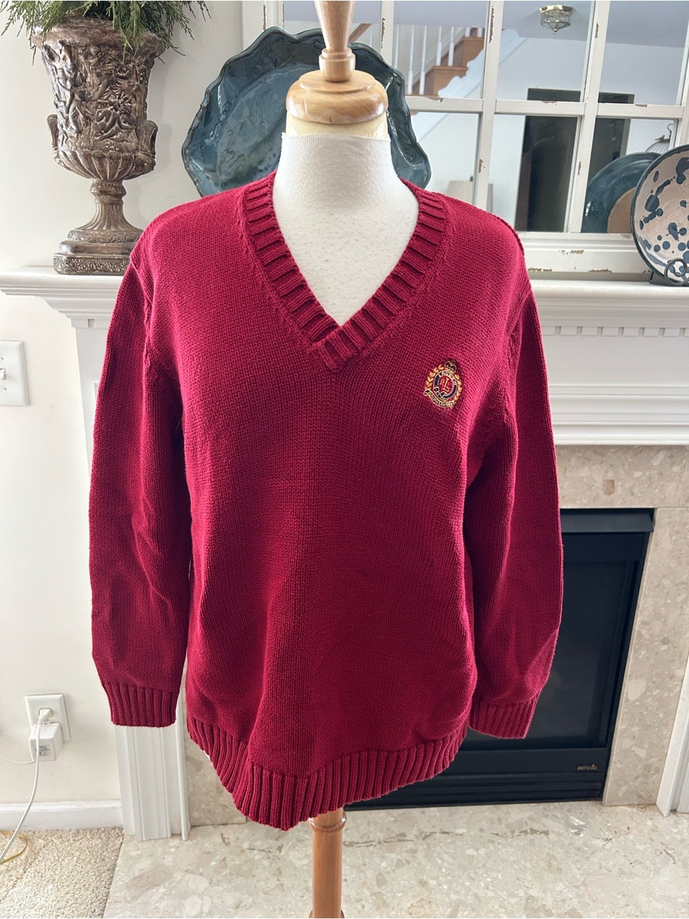 Lauren Ralph Lauren Deep Red V-Neck Sweater with Crest